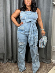 Washed Ripped Denim Cargo Jumpsuit