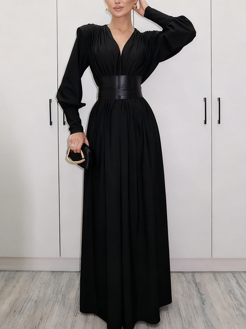 Elegant V Neck Cinched Waist Slim Maxi Dress