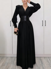 Elegant V Neck Cinched Waist Slim Maxi Dress