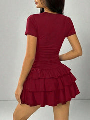 Round Neck Ruched Waist Tiered Ruffle Mini Dress