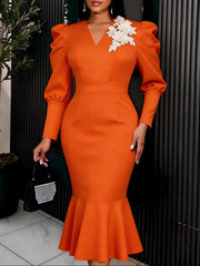 Elegant V-Neck Embroidered Puff Sleeve Mermaid Dress