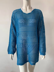 Knitted Hollow out Long Sleeve Loose Beach Dress
