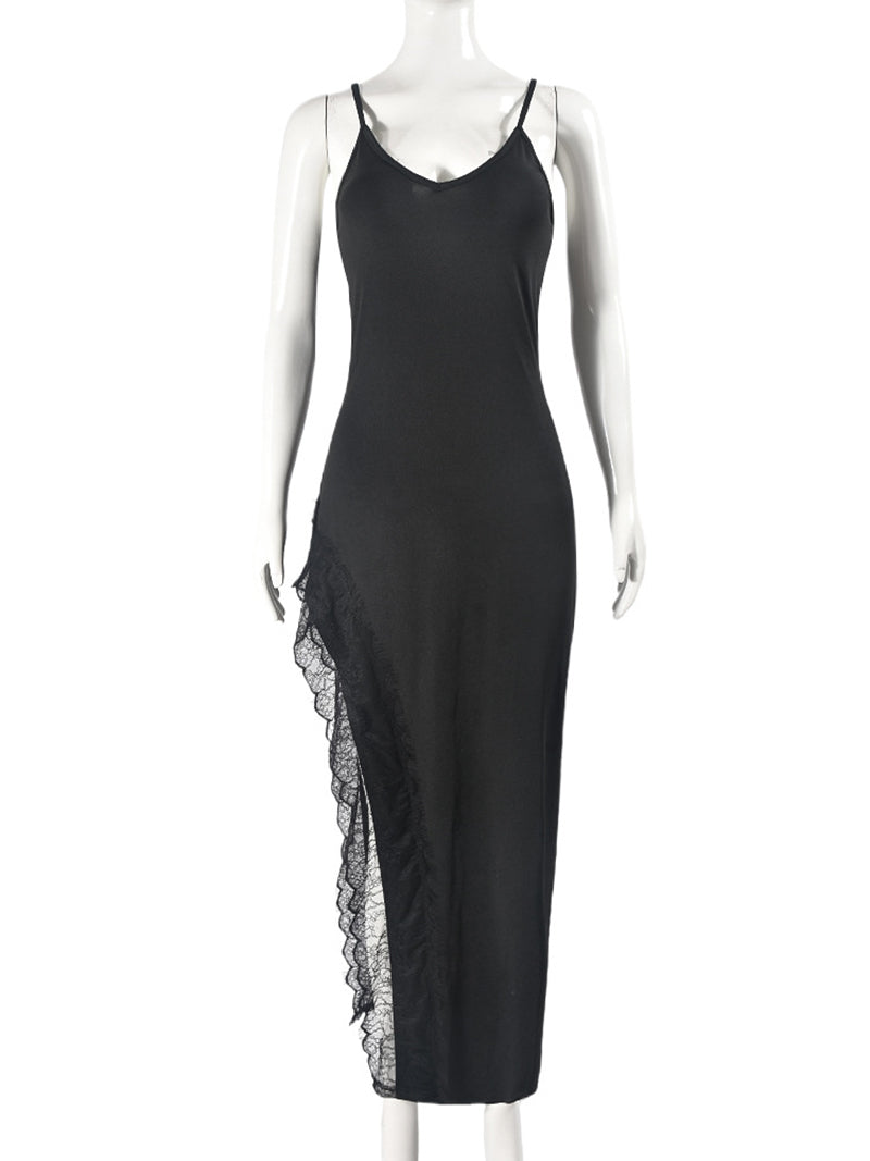 Lace Panel Split Hem Spaghetti Straps Midi Dress