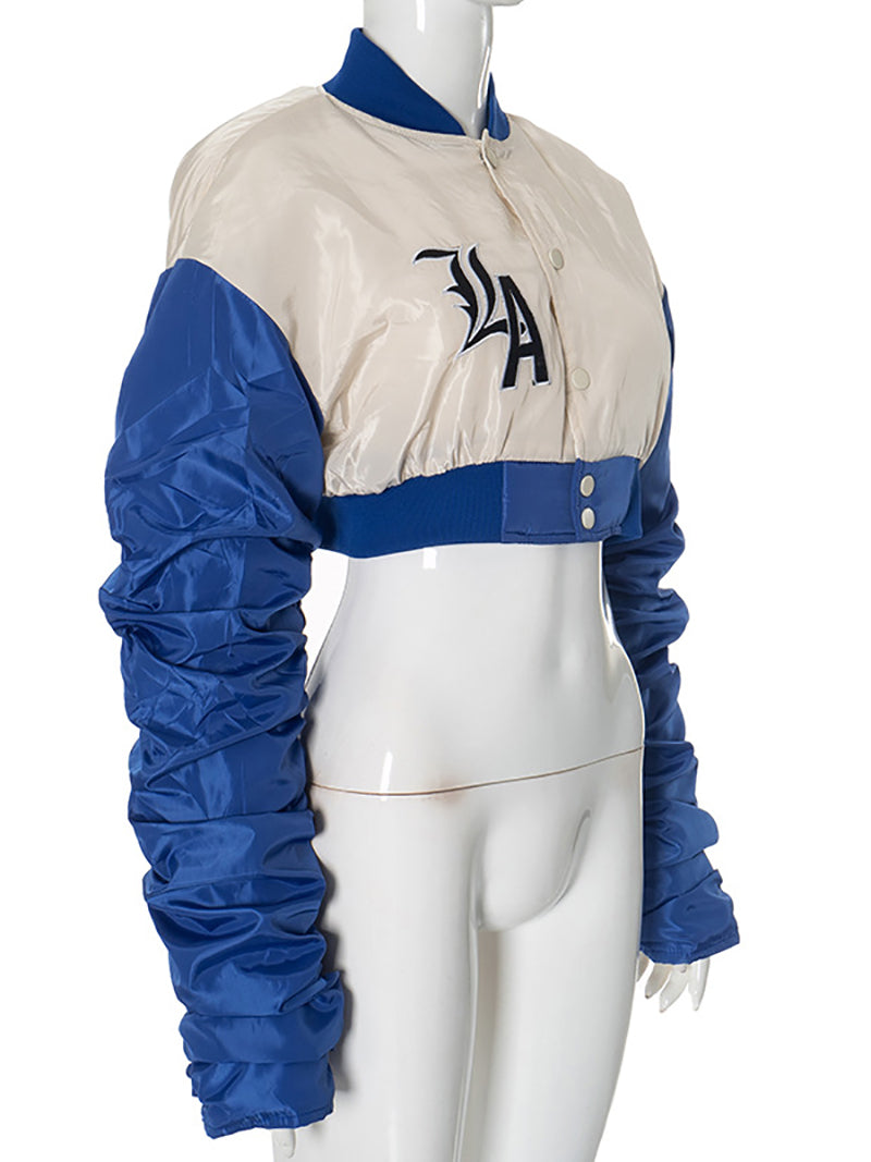 Fashion Ruched Embroidery Baseball Cropped Jacket