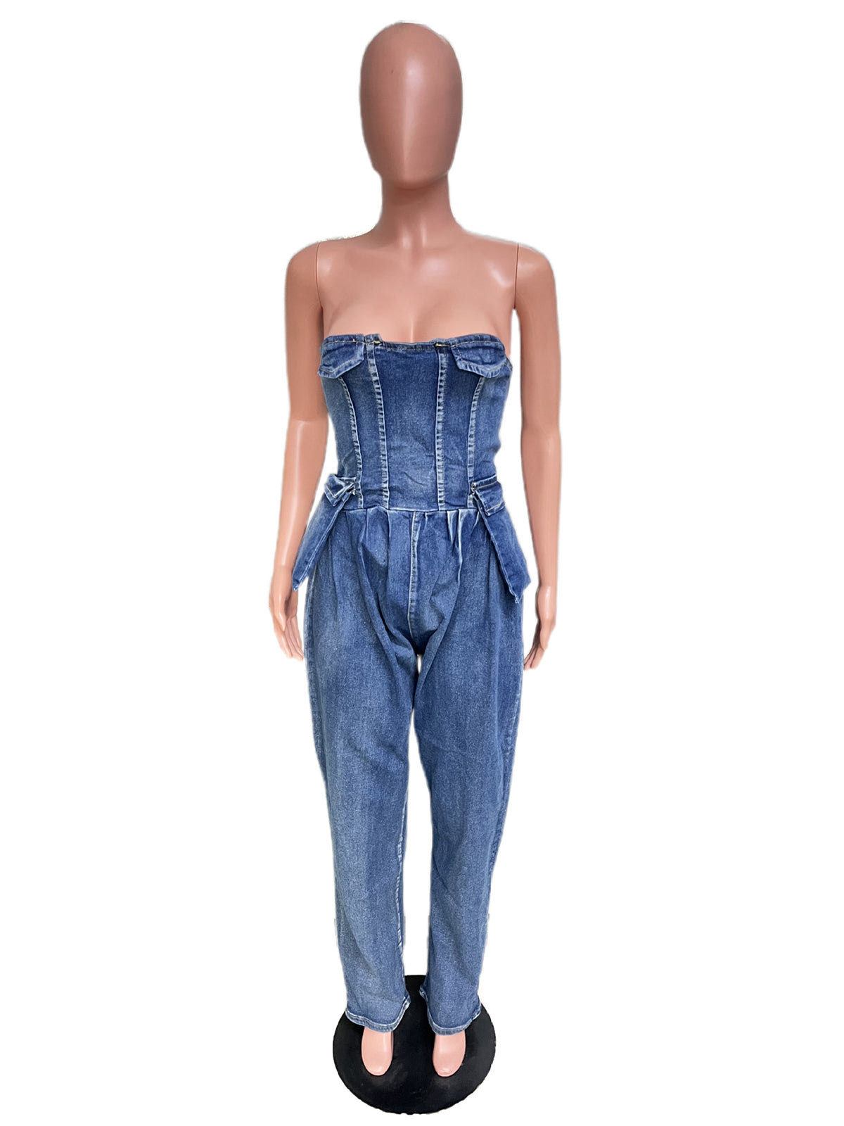 Elegant Solid Strapless Corset Denim Jumpsuit