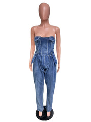 Elegant Solid Strapless Corset Denim Jumpsuit