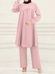 Elegant Solid Long Sleeve Muslim Two Piece Set