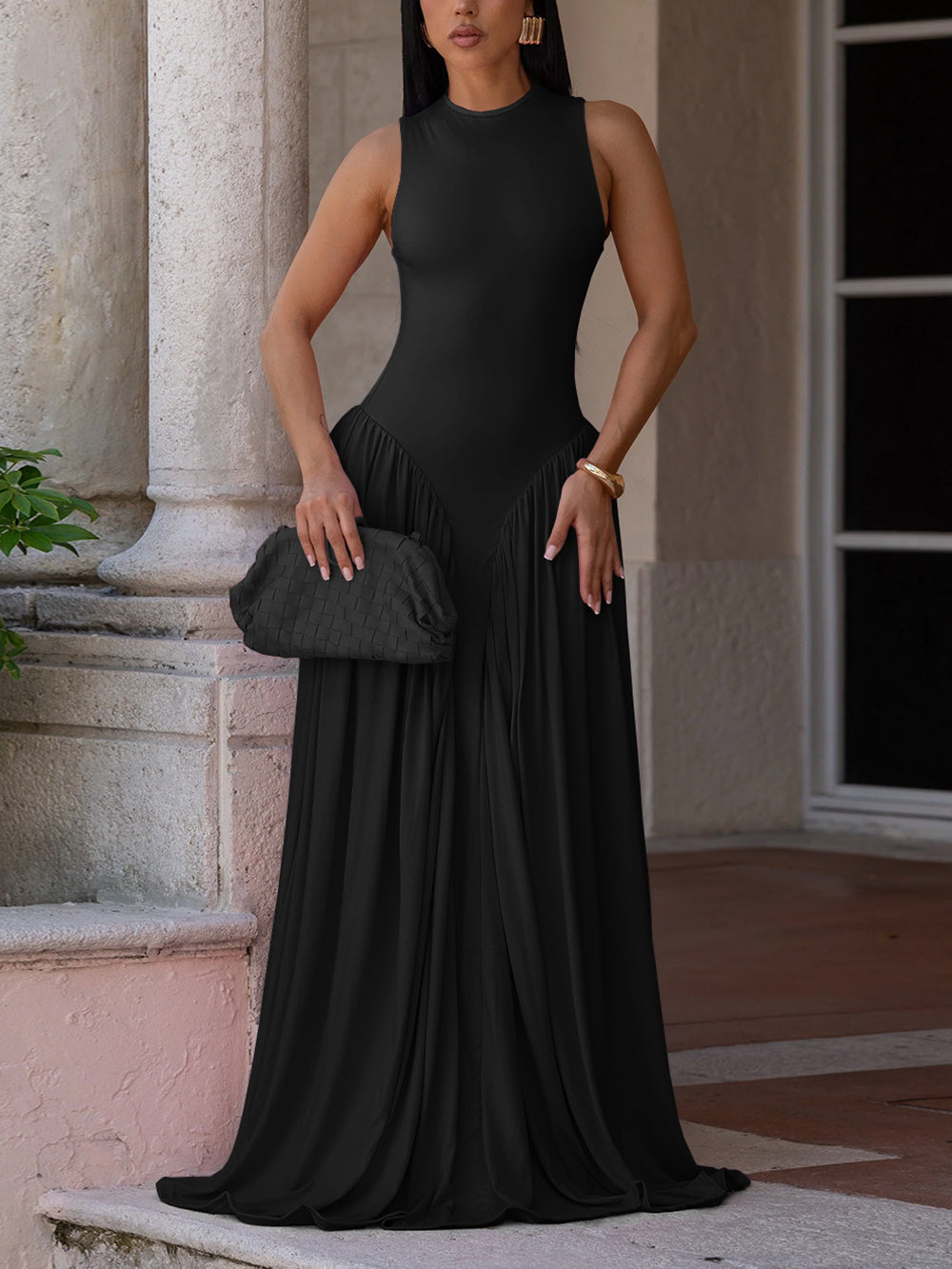Elegant Mock Neck Sleeveless Maxi Dress