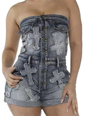 Sexy Strapless Elastic Slim Denim Rompers