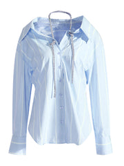 Rhinestones Striped Lapel Blouse Long Sleeve Shirt