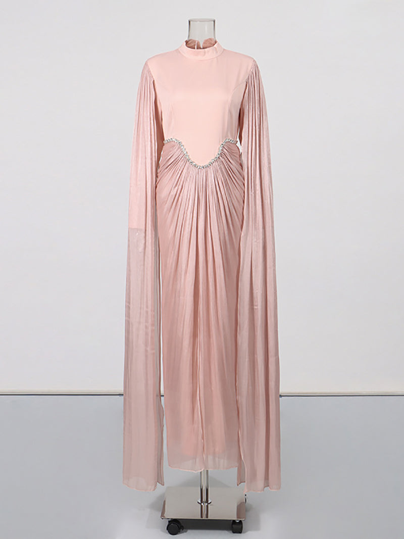 Rhinestone Embellished Cape Ruched Maxi Dress