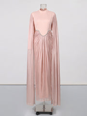 Rhinestone Embellished Cape Ruched Maxi Dress