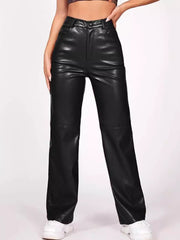 Solid PU Leather Straight Leg Black Pants