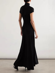 Elegant High Neck Ruched Slim Maxi Dress