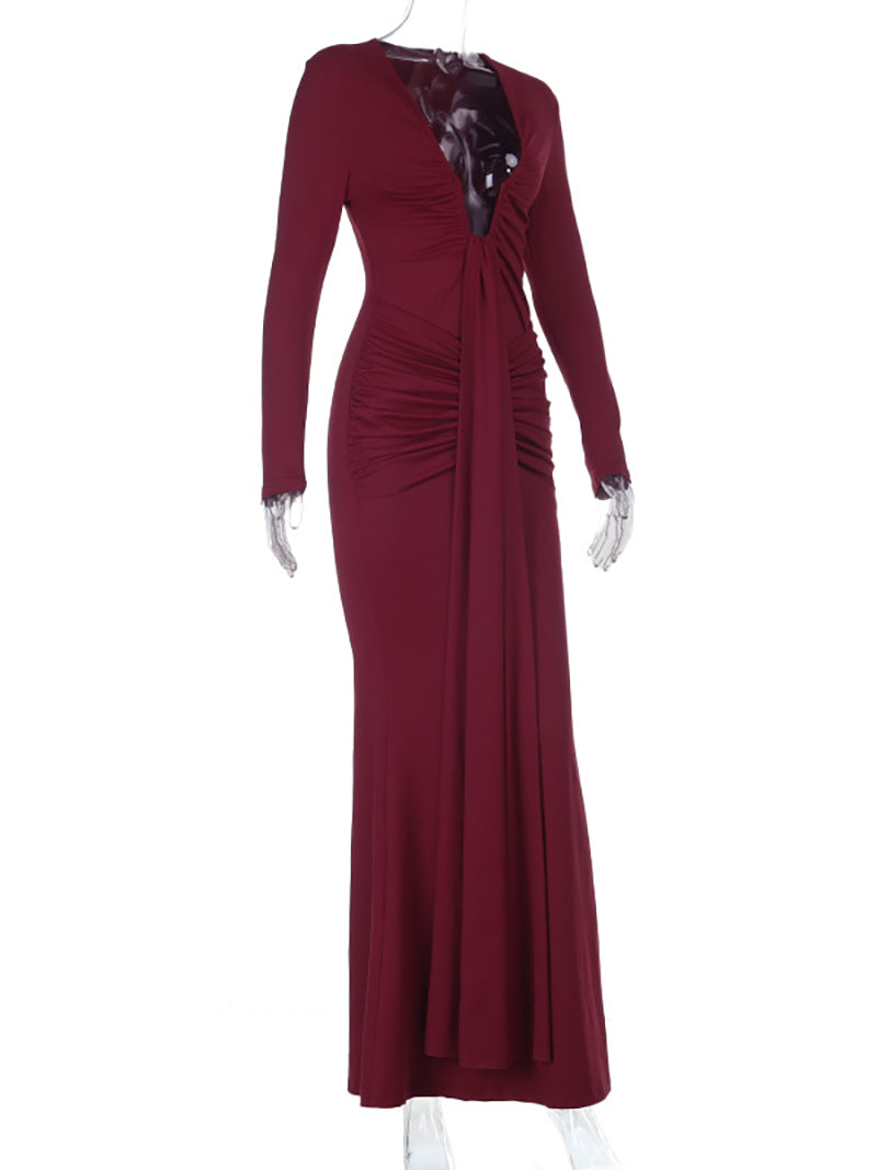 Elegant Deep V Pleated Bodycon Slit Maxi Dress