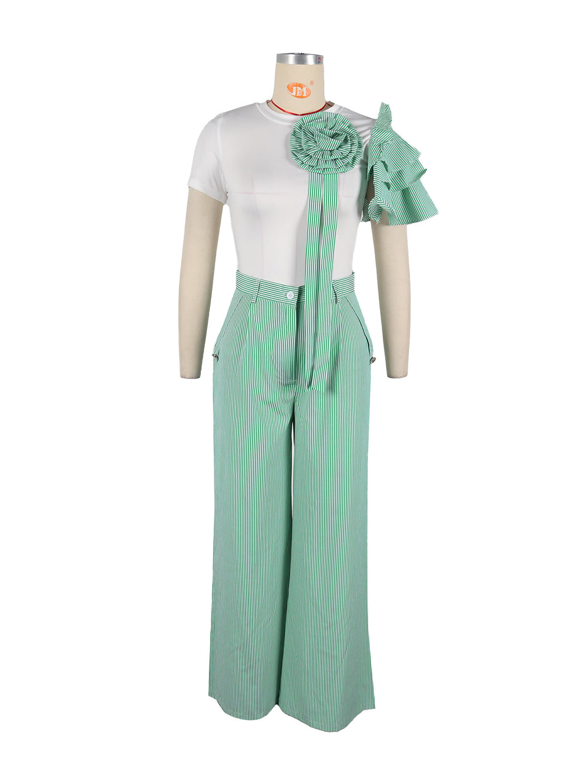 Asymmetric Rosette Top Pinstripe Wide Leg Pants Sets