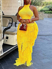 Sexy Knit Sleeveless Crop Top And Tassels Long Skirt Set
