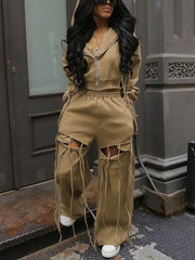 Zipper Fringe Hoodie and Wide Leg Trousers Sets