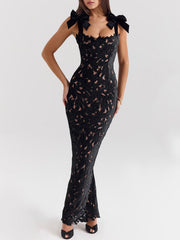 Embroidered Hollow-out Bowknot Shoulder Straps Dress