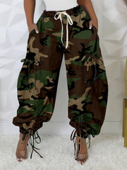 Street Camo Print Flap Pocket Drawstring Cargo Pants