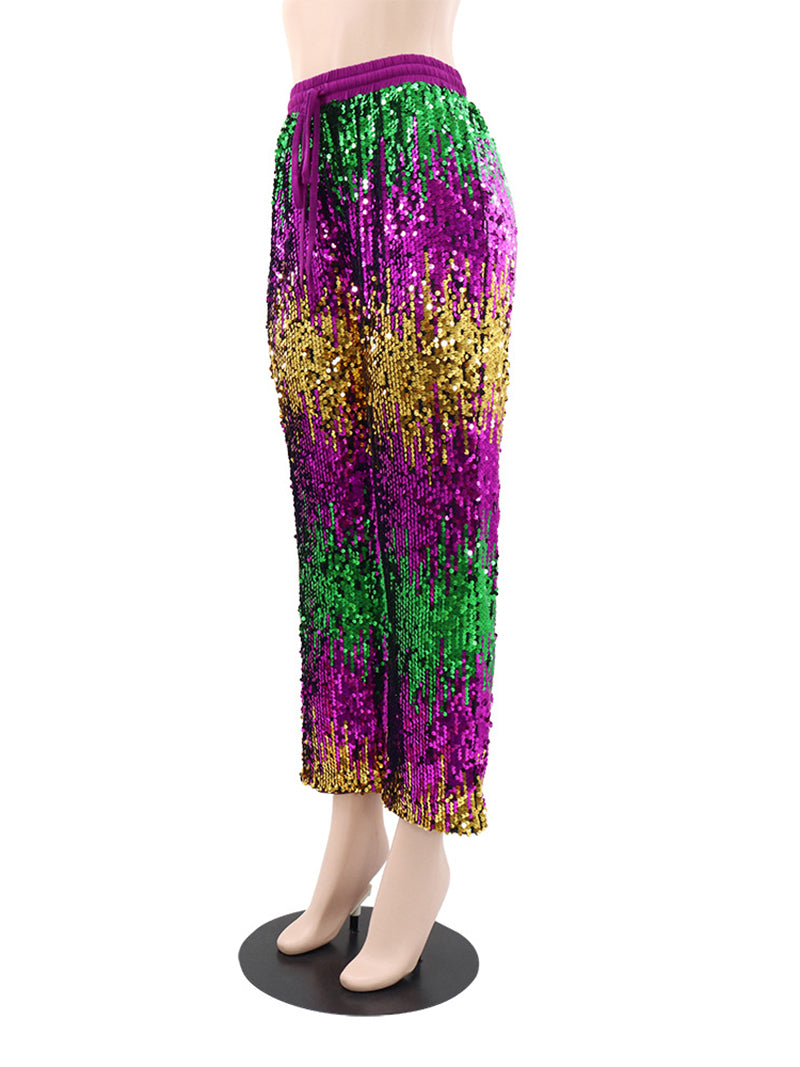 Casual Glitter Bling Sequins Drawstring Waist Pants