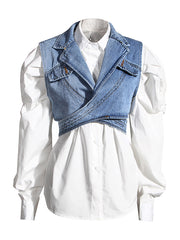 Fashion Loose Button Down Shirt With Denim Vest Sets