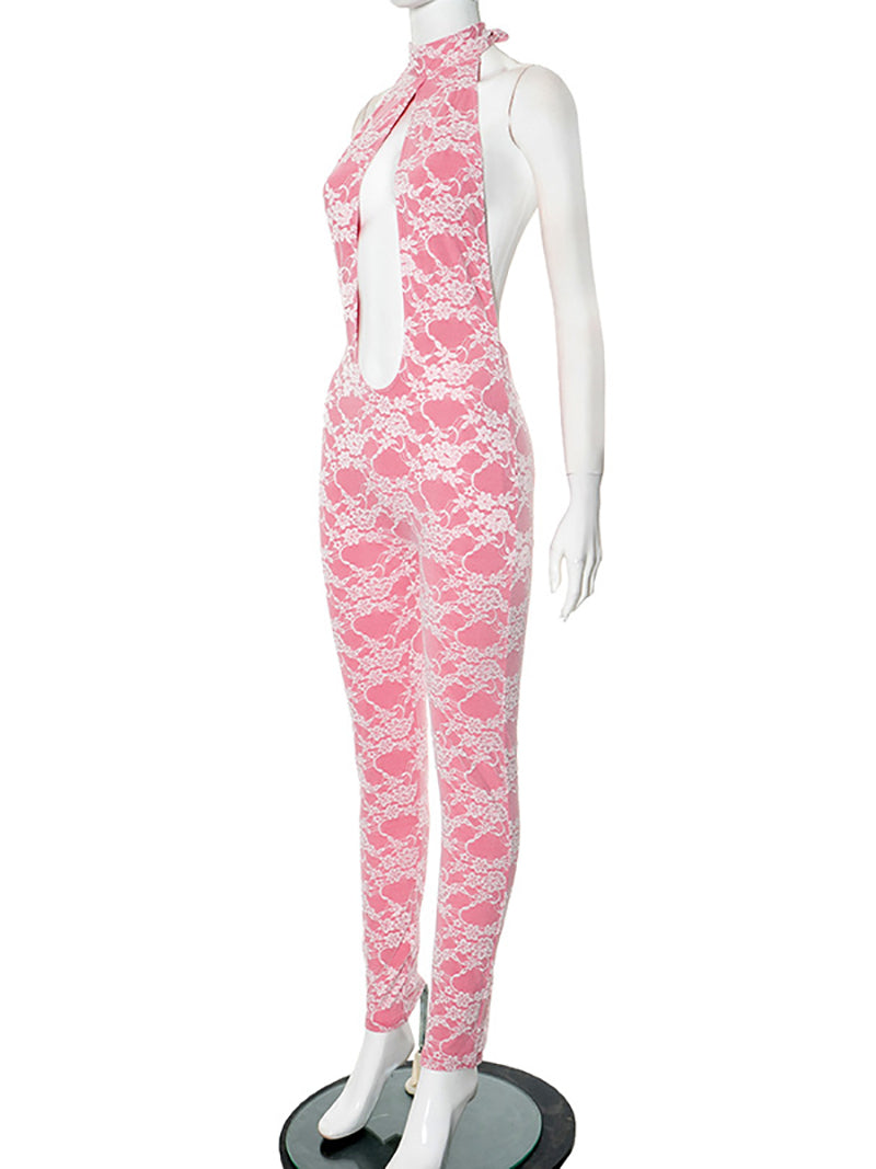 Sexy Halter Lace-up Backless Hollow Out Jumpsuit