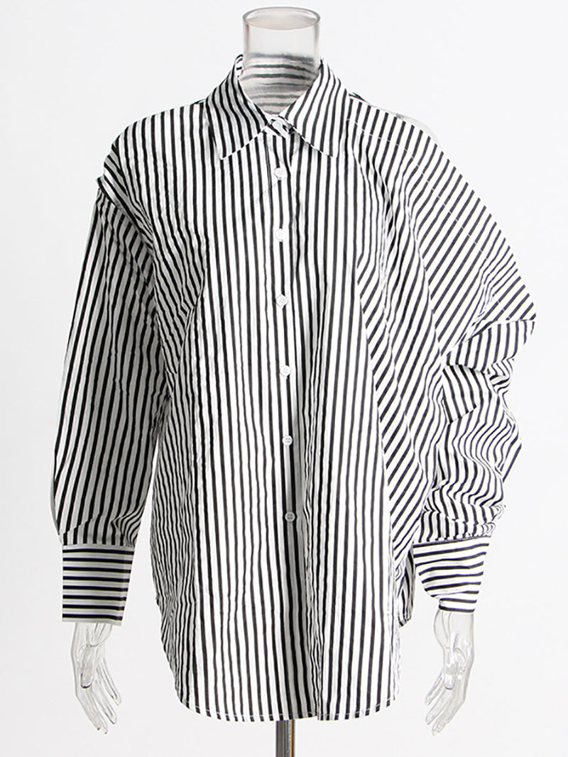 Lapel Off Shoulder Stripe Top And Straight Trousers Set