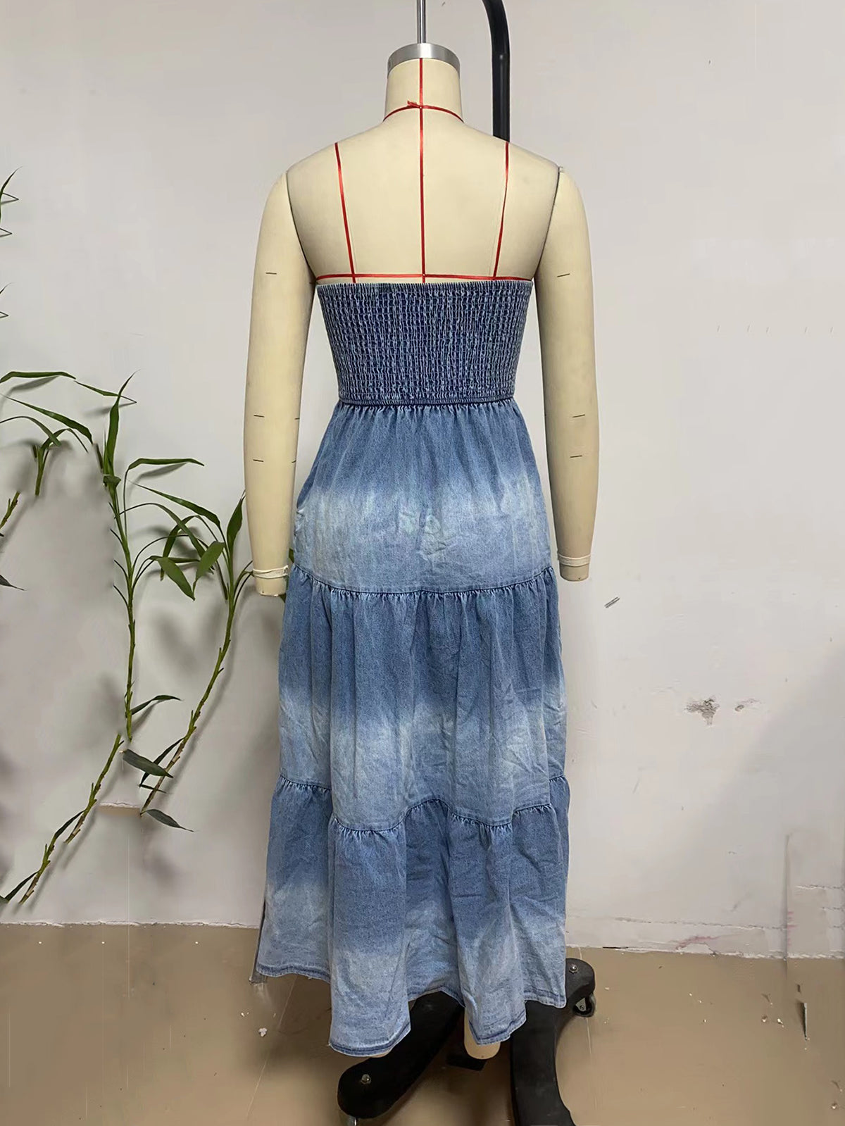 Fashion Strapless Tiered Slit Denim Dress