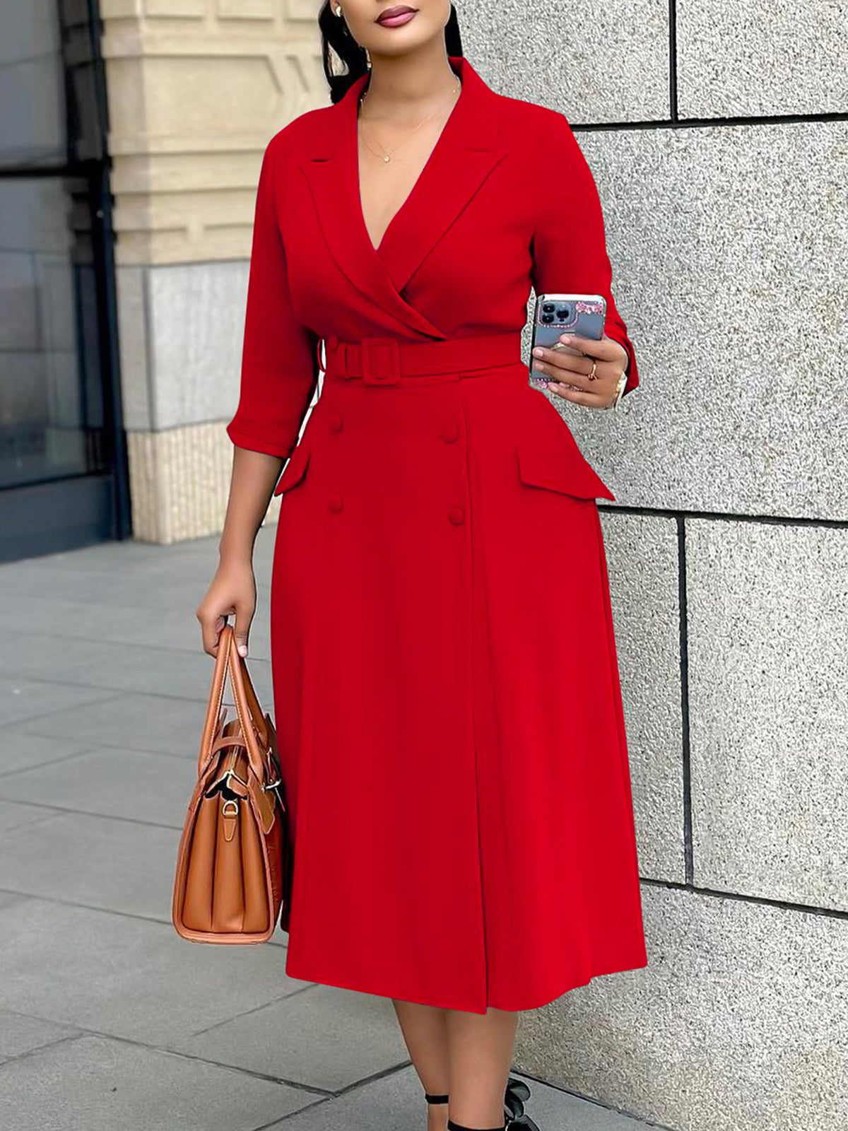 Fashion Solid Belted Blazer Dress