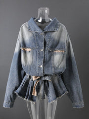 Floral Belted Cropped Denim Jacket-boutique
