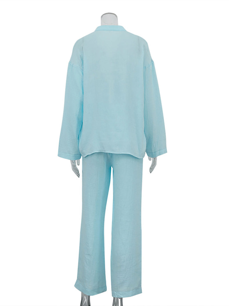 Casual Cardigan Lace-up Shirt Loose Pants Sets