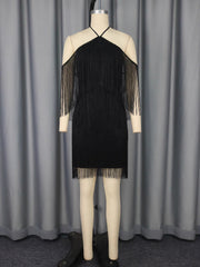 Elegant Halter Off Shoulder Fringe Mini Dress