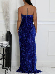 Strapless Sexy Sequin Slit Maxi Dress