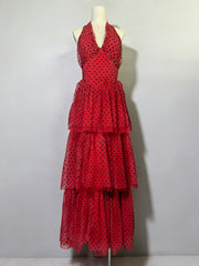 Elegant Halter Polka Dot Ruffle Maxi Dress