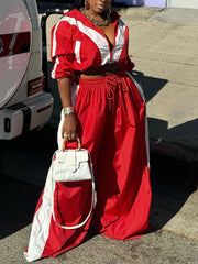 Patchwork Contrast Zipper Collar Sports Two Pieces Set