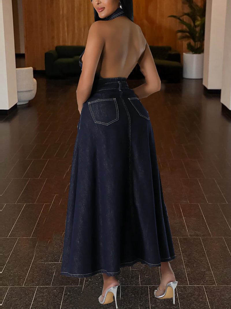 Sexy Halter Backless Denim Skirt Set