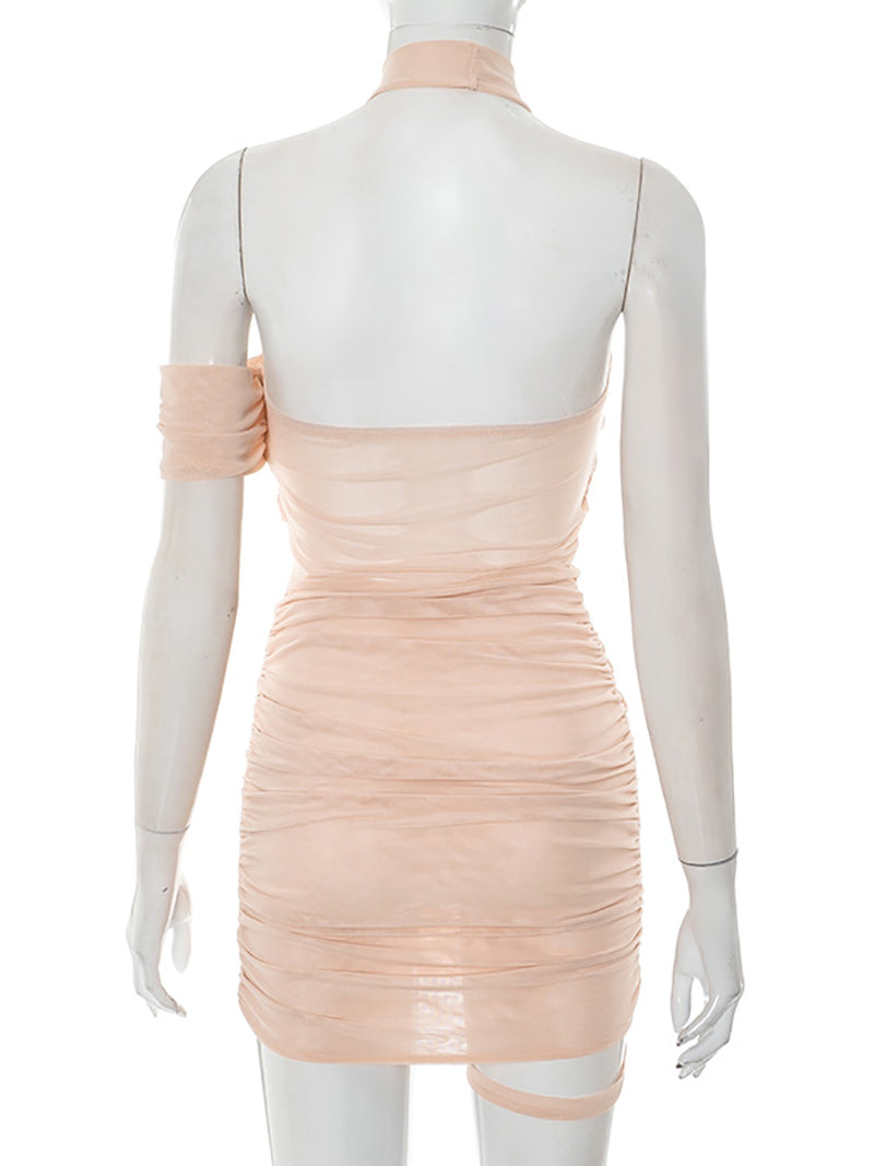 Halter Backless Mesh Pleated Party Bodycon Mini Dress