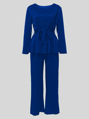 Round Collar Lace-up Ruffle Top And Trousers Casual Set