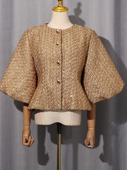 Textured Balloon Sleeve Peplum Jacket-boutique