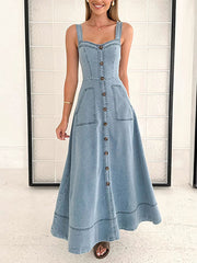 Denim Suspender Button-Down Casual Midi Dress