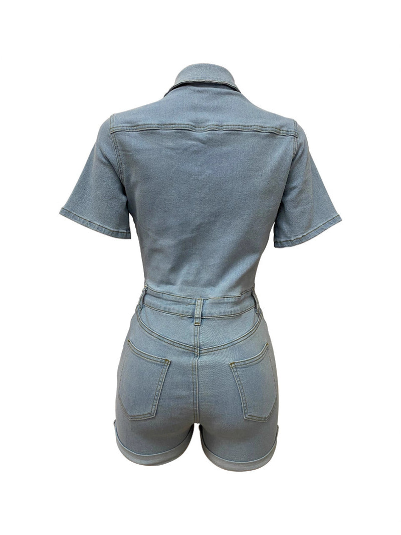 Casual Turn Down Collar Cargo Denim Romper