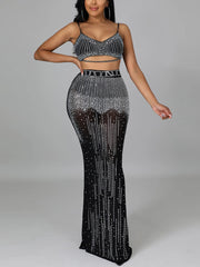 Sexy Spaghetti Strap Mesh Crop Top Maxi Skirt Sets