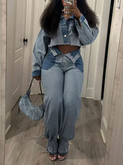 Denim Patchwork Cropped Jacket And Jeans Set