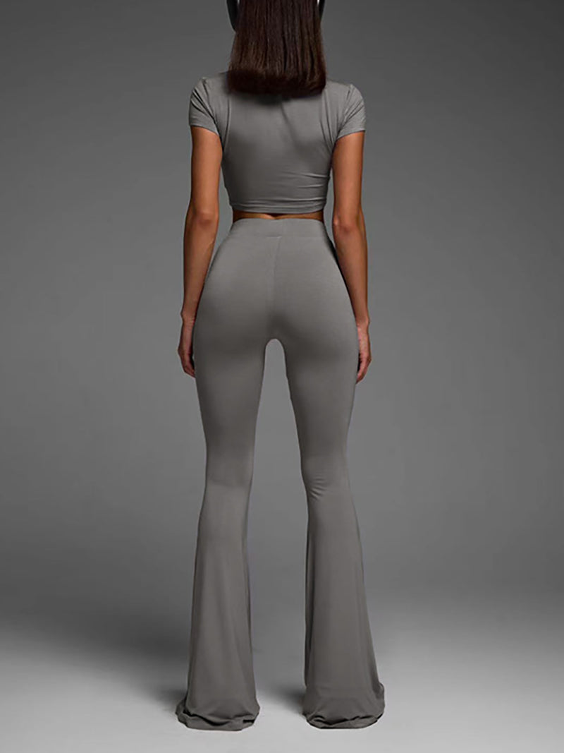 Solid Color Crop Top And Flare Pants Two-Piece Set