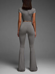 Solid Color Crop Top And Flare Pants Two-Piece Set
