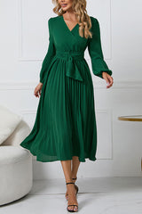 Casual Long Sleeve V-neck Slim Pleated Dress