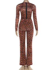 Sexy Leopard Print Slim Top Tight Pants Two Piece Set