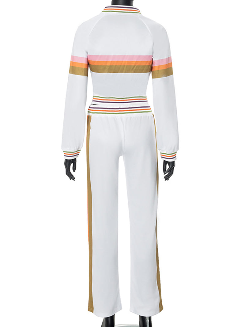 Colorblock Striped Zipper Cropped Pant Sets