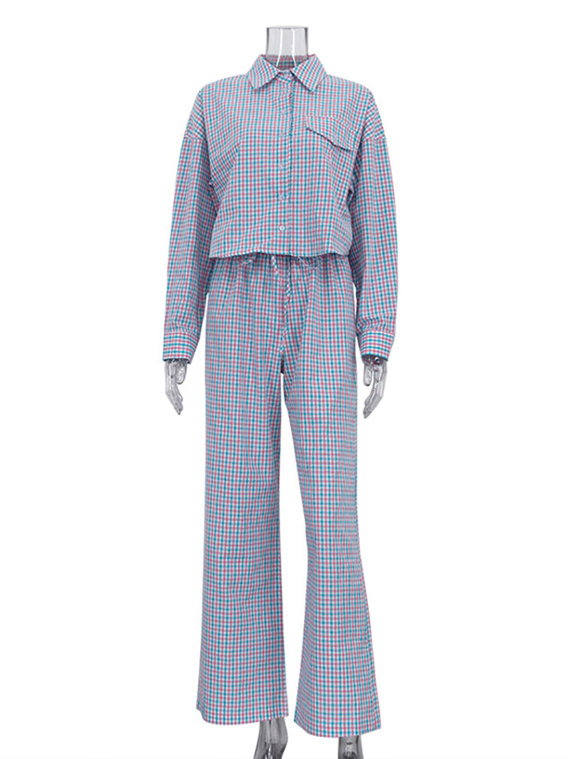 Casual Loose Plaid Shirt Trousers Two Pieces Set